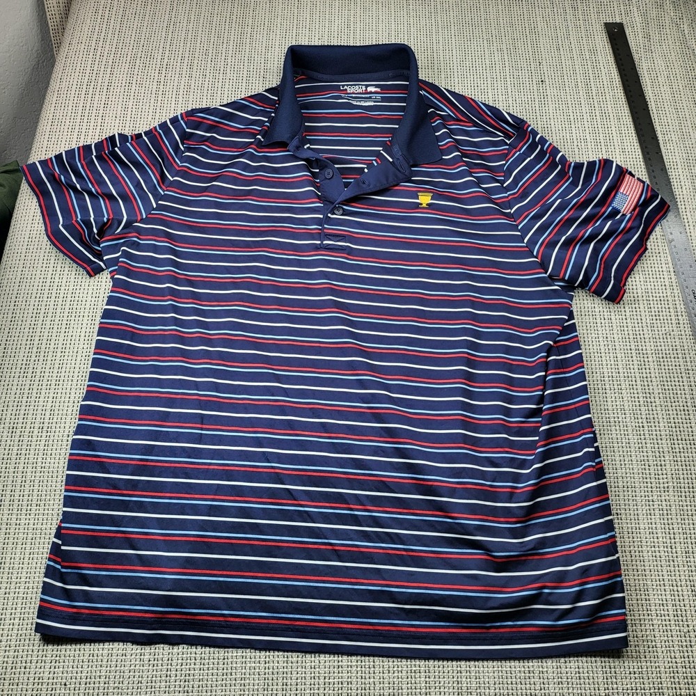Lacoste Sport Polo Shirt Mens 3XL Blue Stripe USA Flag Trophy Golf Short Sleeve
